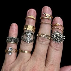 Gold and Silver Costume Jewelry Ring Set with Green Velvet Pouch